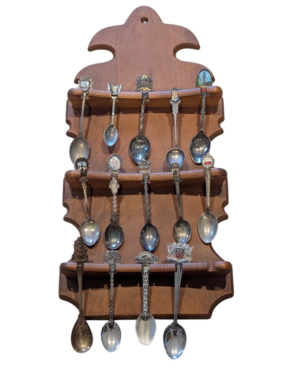 Vintage Decorative Souvenir Spoon Set on Wooden Display